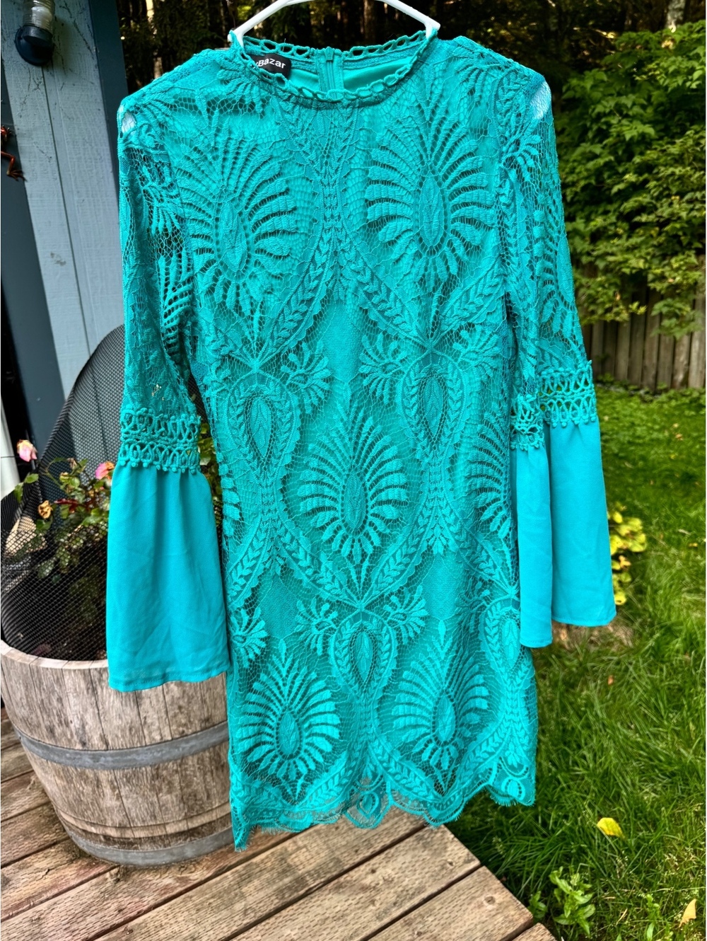 Eilly Bazar Medium Teal Lace Dress with Bell Sleeves